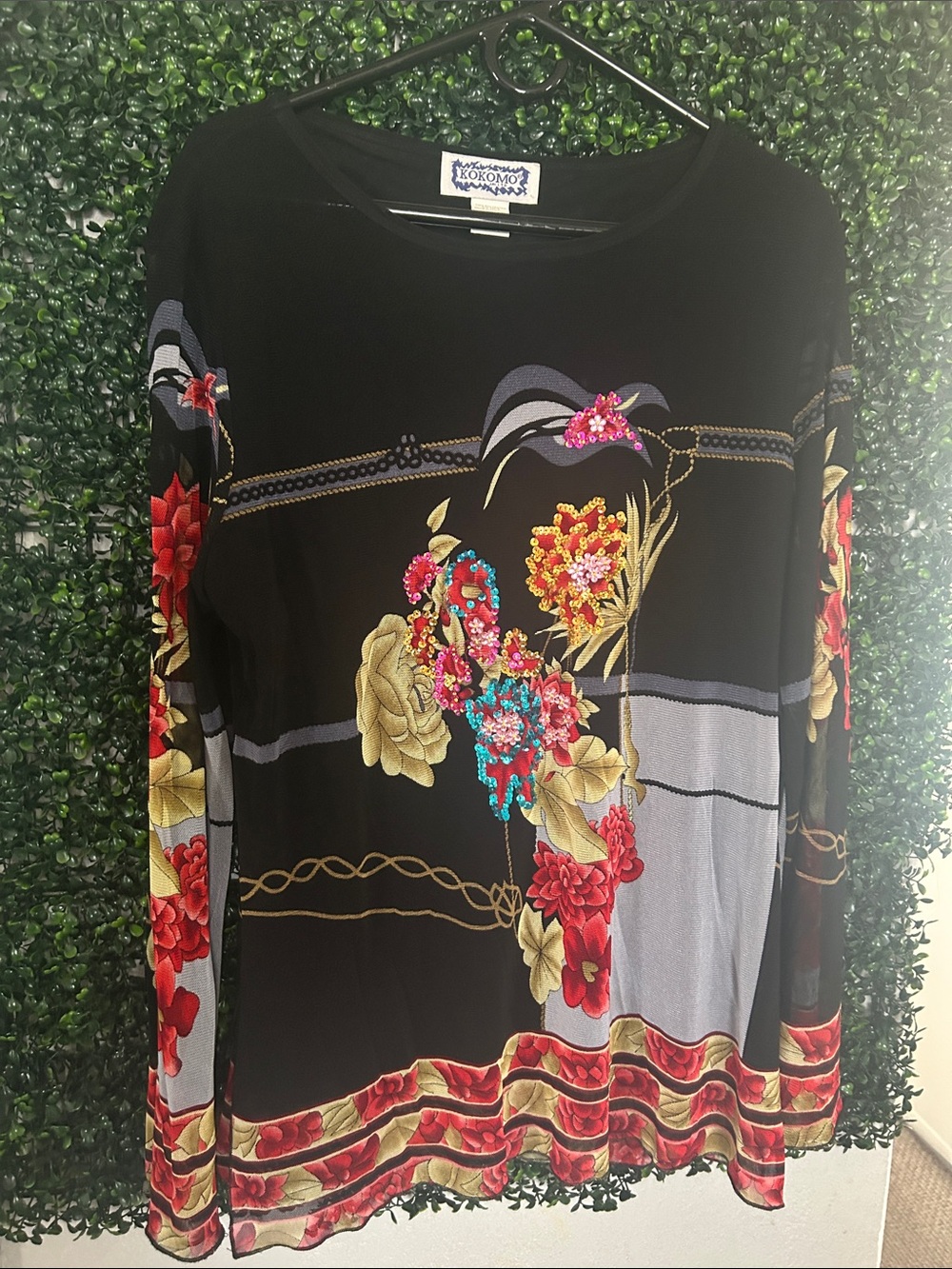 Kokomo Black Floral Embellished Long-Sleeve Tee